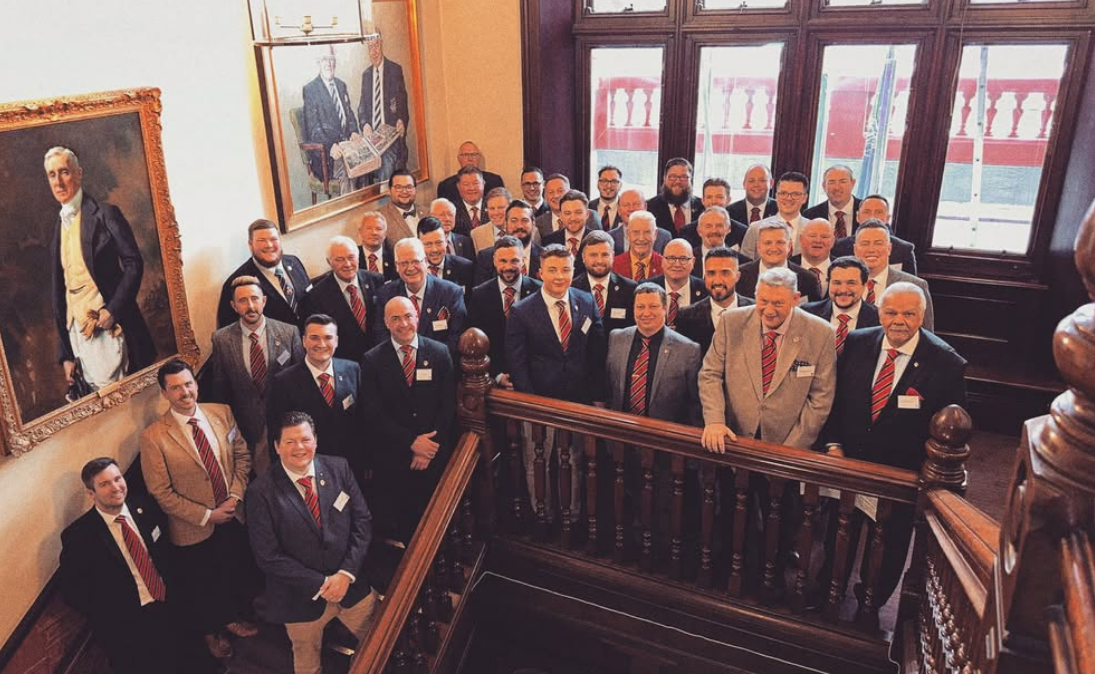 Members gathered on the staircase at a Lodge meeting