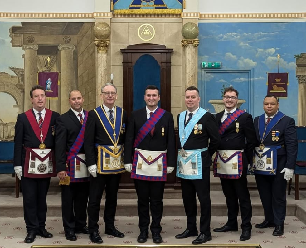 Officers in regalia in the Lodge room